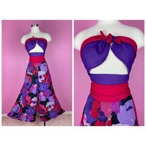 Vintage 1970s 70s Pink Purple Floral Silk Chiffon Wide Leg Palazzo Pants S 26W